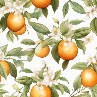 A watercolor seamless pattern of oranges and flowers on a white background