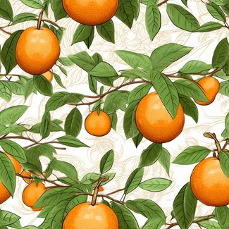 A seamless pattern of tangerines on a tree branch with leaves, depicted in earth tones and vibrant cartoonish foliage.