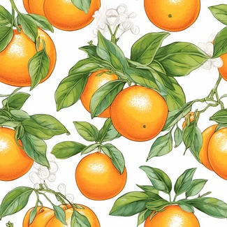 A seamless pattern of oranges and leaves in multicolor, arranged in a repeating pattern against a white background