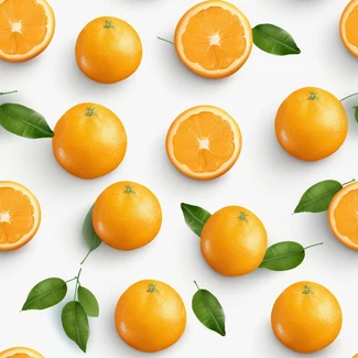 A seamless pattern of oranges and green leaves on a white background