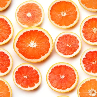 A bold and vibrant pattern featuring oranges and grapefruit arranged in a graphic and symmetrical manner on a white background.