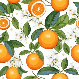 A seamless pattern featuring oranges and flowers on a white background