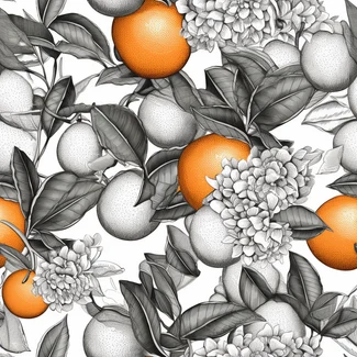 A monochromatic pattern featuring oranges and flowers in realistic graphite drawing style.