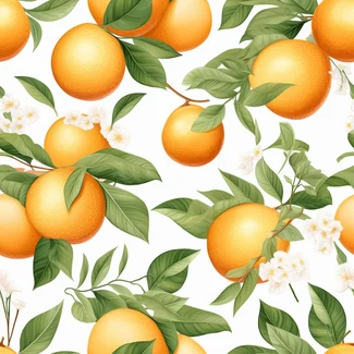 A seamless pattern of oranges and flowers on a white background