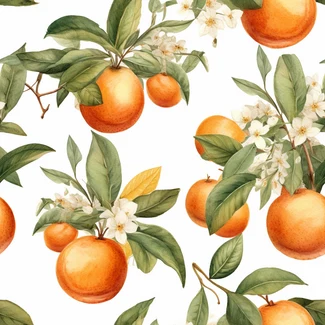 A watercolor pattern of oranges and flowers on a branch set against a white background.