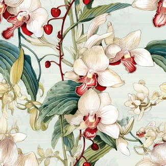 Vintage floral pattern featuring white orchids and berries on a light aquamarine background.