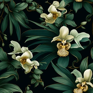 A seamless floral pattern featuring white orchids and leaves on a dark green and light gold background.