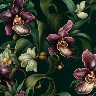 A stunning seamless orchid pattern featuring delicate and intricate flowers on a dark green background