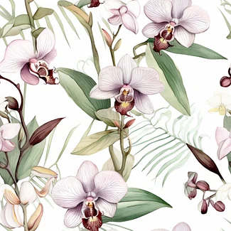 Orchid Watercolor Seamless Pattern featuring delicate orchid plants, flowers, and leaves set against a clean white background. The muted colors of light maroon and light green give it a vintage elegance, while the realistic hyper-detail adds a touch of enigmatic tropics.
