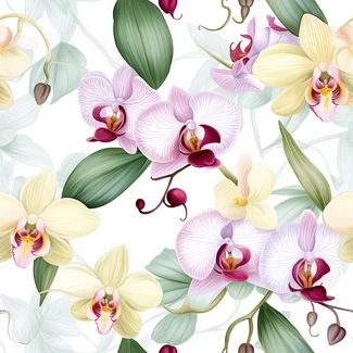 A seamless digital illustration of delicately detailed orchids and leaves on a white background with pastel colors.
