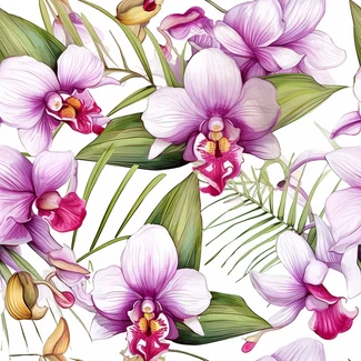 Orchids and palm leaves seamless pattern on a white background