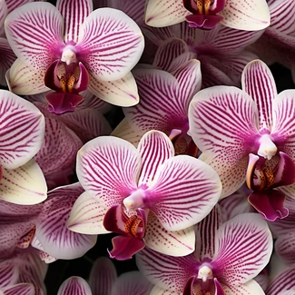 A stunning macro photography of purple and white orchids in a symmetrical and striped arrangement.
