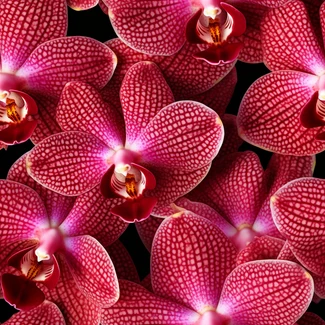 Closeup of red orchid flowers on a black background in a pointillist style with light white and light magenta dots