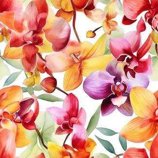 A bright and colorful watercolor seamless pattern featuring orchid flowers on a white background.