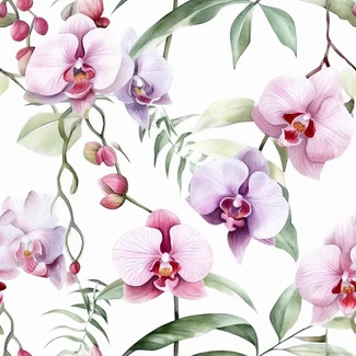 A seamless pattern featuring watercolor orchids with leaves on a white background.