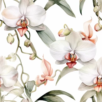 A seamless pattern of white orchids in watercolor style against a white background with muted colors.