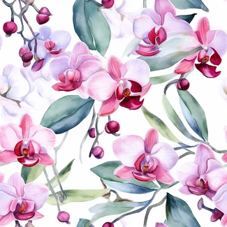 Orchid Watercolor Pattern on a white background with pastel colors and delicate flowers