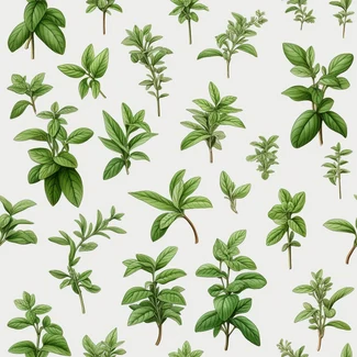 A seamless pattern featuring a variety of herbs and leaves in light green and light brown colors with realistic details.