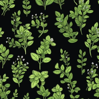 Herbal Harmony seamless pattern featuring intricate botanical illustrations of various herbs and leaves on a black background