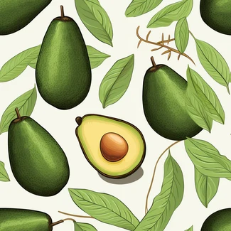 A seamless pattern featuring avocados and leaves, viewed from a bird's-eye perspective.