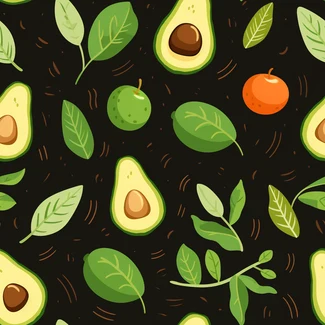 A seamless pattern featuring avocados and leaves against a dark black background.