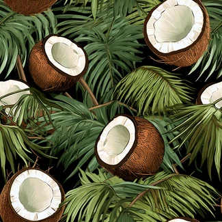 A seamless pattern featuring coconuts and palm leaves on a black background.