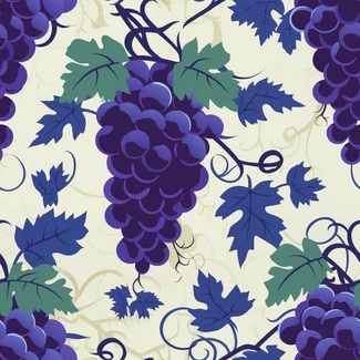 A seamless pattern featuring purple grapes with leaves, set against a light beige and azure background.
