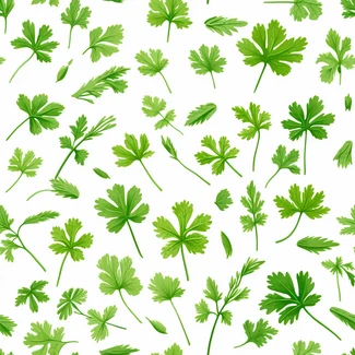 Repeating pattern of green parsley leaves on a white background