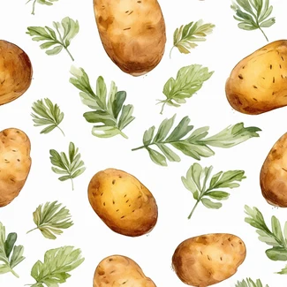 Watercolor illustration of potatoes, herbs, and leaves on a white background.