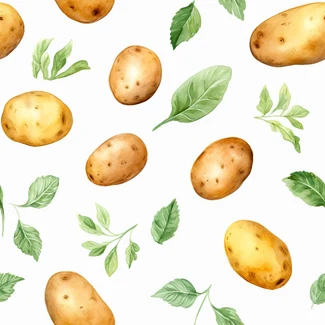 Seamless watercolor potato and green leaf pattern on a white background