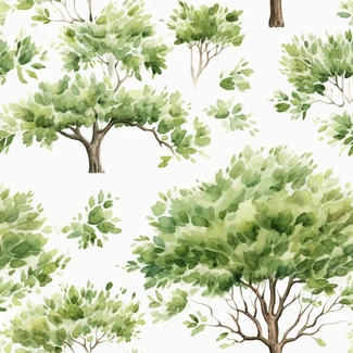A seamless pattern of watercolor trees in various shades of green, with heavy shading and a rustic, pastoral charm.