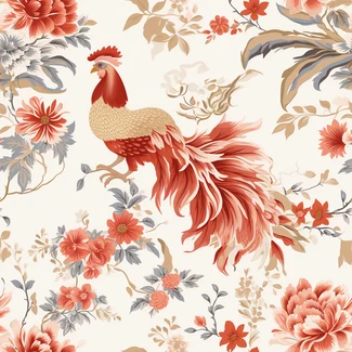 A luxurious red rooster sits atop a bed of delicate oriental flowers in a stunning seamless pattern.