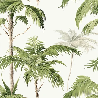 A highly detailed wallpaper featuring delicate palm trees and foliage on a pristine white background.