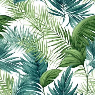 Tropical botanical palm leaf pattern on white background with green and blue leaves