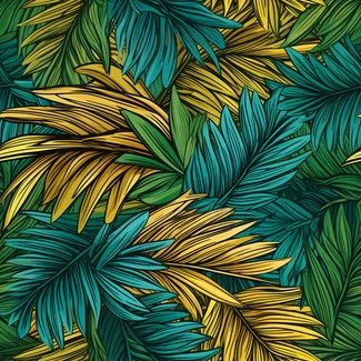 Colorful hand-drawn tropical foliage pattern on a black background.