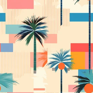Colorful palm trees and geometric shapes in a mid-century illustration style on a neutral background.