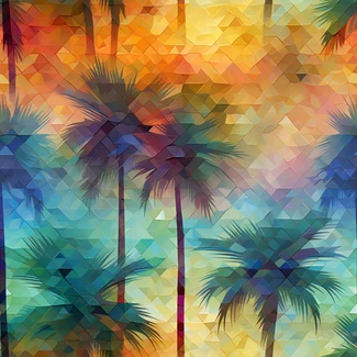 Colorful palm trees on an abstract background in mosaic-inspired realism style