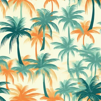 A seamless pattern of colorful and vibrant palm trees set against light orange and dark emerald backgrounds.