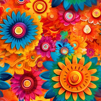 A playful and colorful flower pattern on a bright orange background