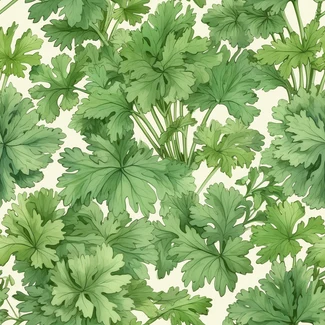 Herbal Garden pattern with parsley and parsley thyme herb in white color in the style of realistic watercolor paintings, light green and beige, digitally enhanced, baroque elaborate detailing, leaf patterns, detailed penciling, classical motifs, coriander flowers in nature on green background, in the style of detailed shading, light beige and black.