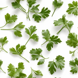 A top-down view of fresh herbs, including parsley, thyme, and garlic, arranged in a visually pleasing repetition on a white background.