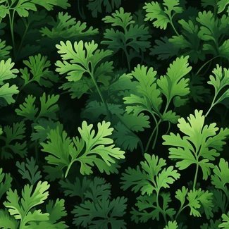 A repeating pattern of green parsley leaves on a black background.