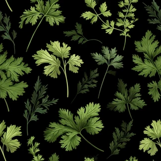 A seamless pattern of delicate parsley leaves and flowers on a black and green background.