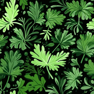 A seamless pattern of parsley leaves on a black background