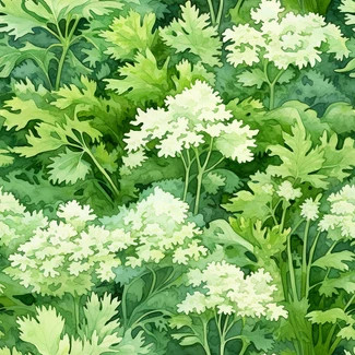 A beautiful parsley pattern featuring green herbs with white flowers in a softly organic style.