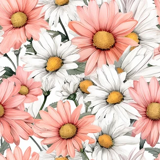 A seamless pattern of pink and white daisies on a light orange textured background