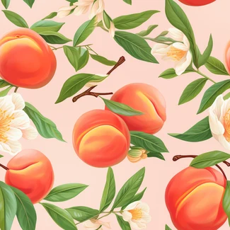 A seamless pattern featuring peaches and flowers arranged in a stage backdrop style against a light emerald and orange background.