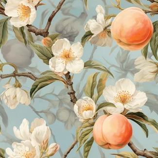 A beautiful seamless pattern featuring peach branches with flowers in a still-life painting style on a blue and white background.
