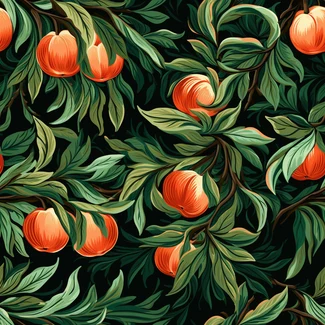 A seamless pattern featuring peach branches and fruit on a black background