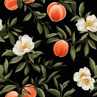 Peach blossom branch botanical illustration on a black background